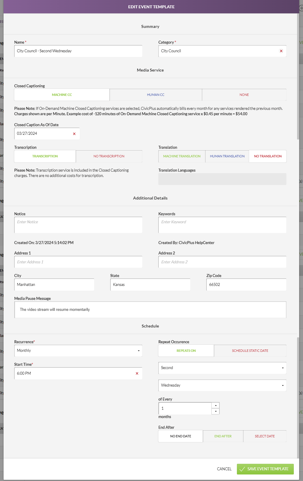 The Edit Event Template modal.