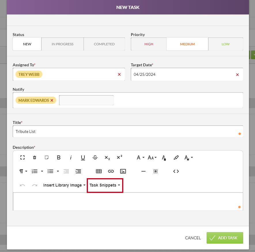 The Task Snippets drop-down in the description field of the New Task modal.
