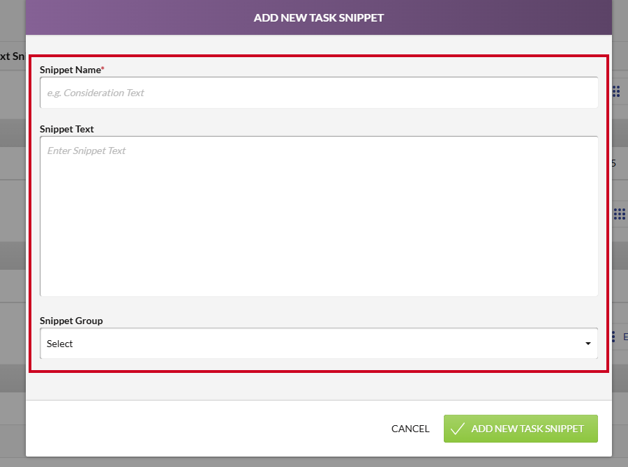 The Add New Task Snippet modal with Snippet Name and Snippet Text fields.