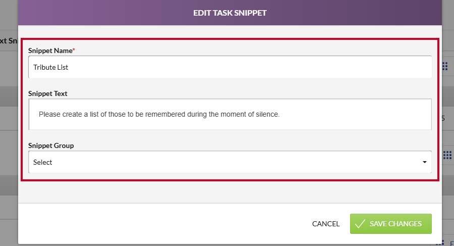 The Edit Task Snippet modal with Snippet Name and Snippet Text fields.