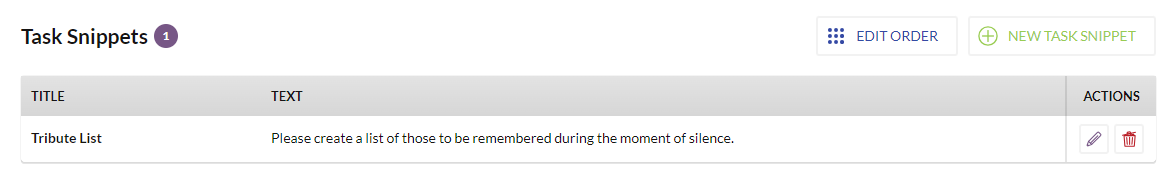 The Task Snippets section at the bottom of the Text Snippets page.