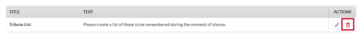 The Delete button to the right of an example task snippet.