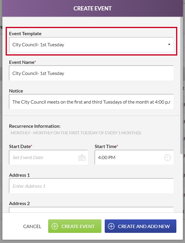 The Event Template field on an example Create Event modal.