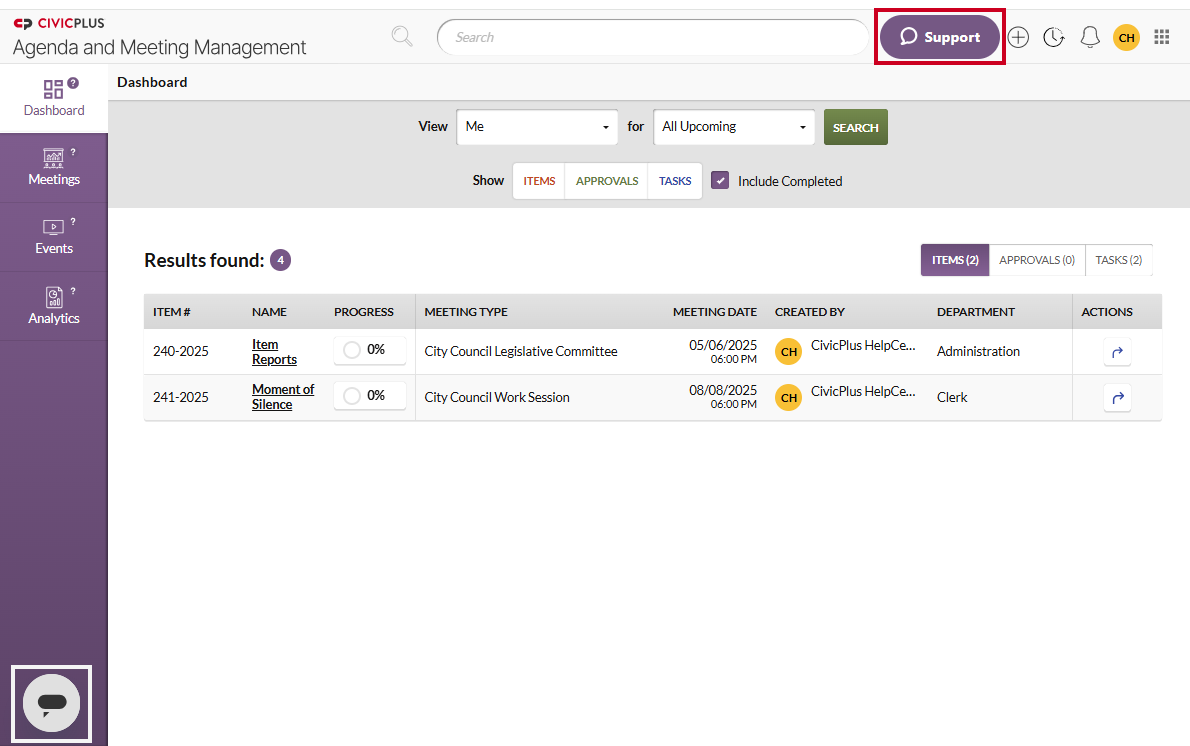 The Support chat widget.