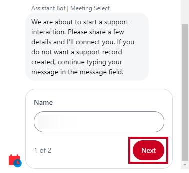 The Support widget's red, oval Next button.