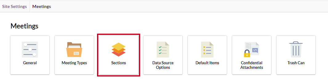 The Sections tile with a three-squares icon on the Meetings Settings page.