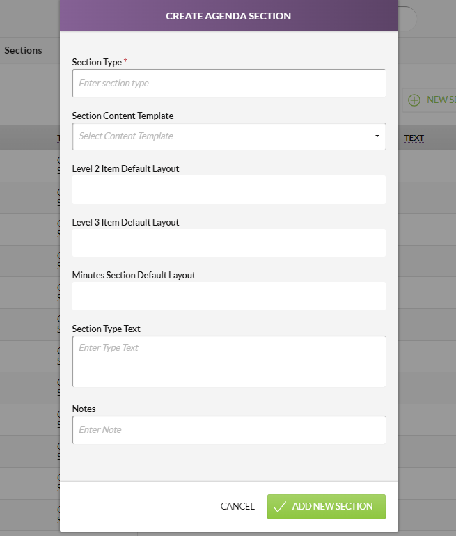 The Create Agenda Section modal with multiple section fields.