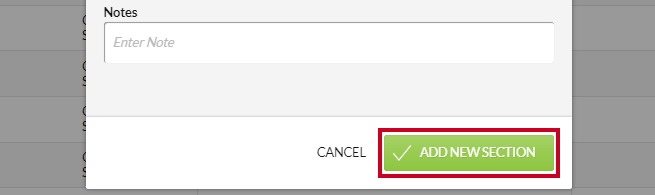 A green, rectangular Add New Section button with a checkmark icon in the bottom-right corner of the Create Agenda Section modal.