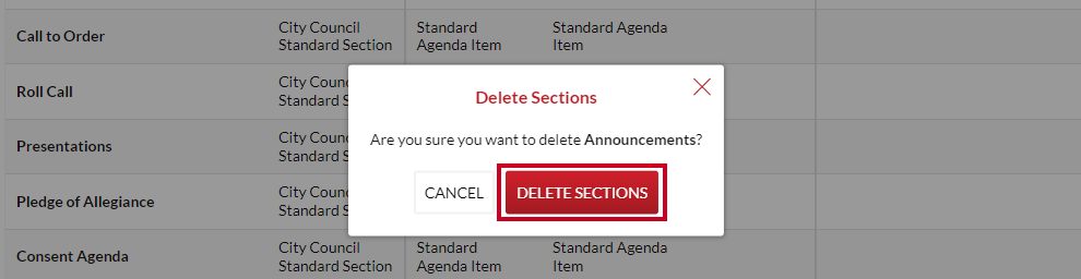 A red, rectangular Delete Sections button on a Delete Section popup.