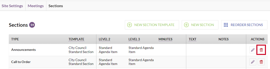 The Delete button to the right of an example section within the existing sections list.