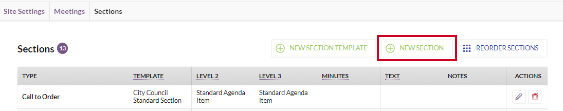 A white, rectangular New Section button above the existing sections list.
