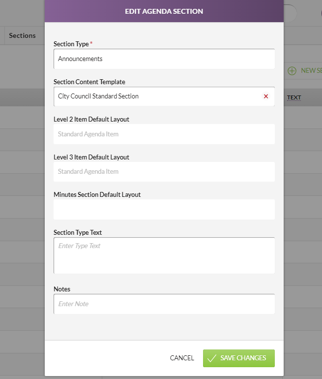 The Edit Agenda Section modal with multiple section fields.