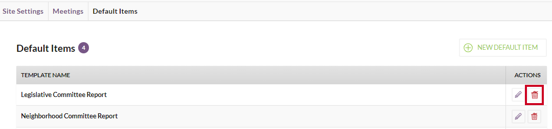 The Delete button to the right of an example item within the existing default items list.