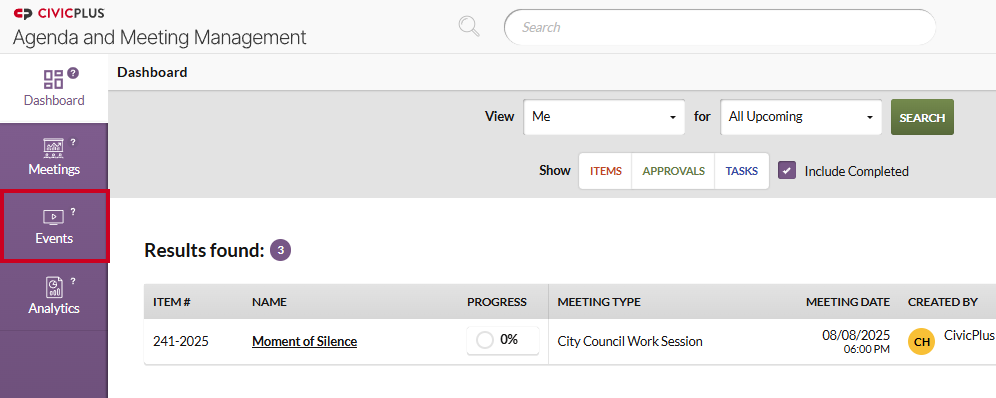 The Events module button in the dashboard's left-hand navigation menu.