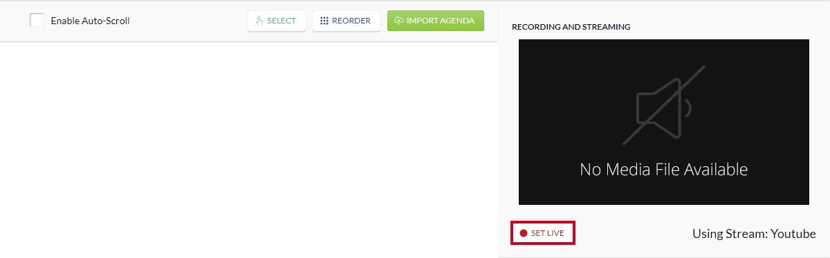 A white, rectangular Set Live button under the video window in the Recording and Streaming section.