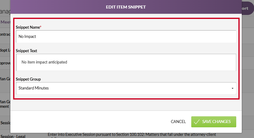 The Edit Item Snippet modal and fields.