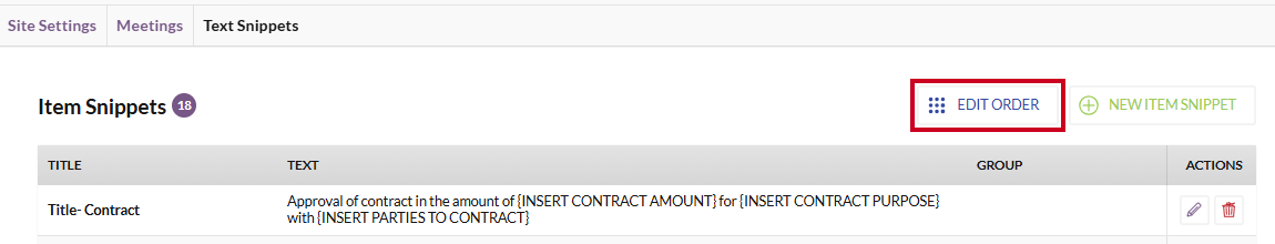 The white, rectangular Edit Order button to the right of the Item Snippets header.