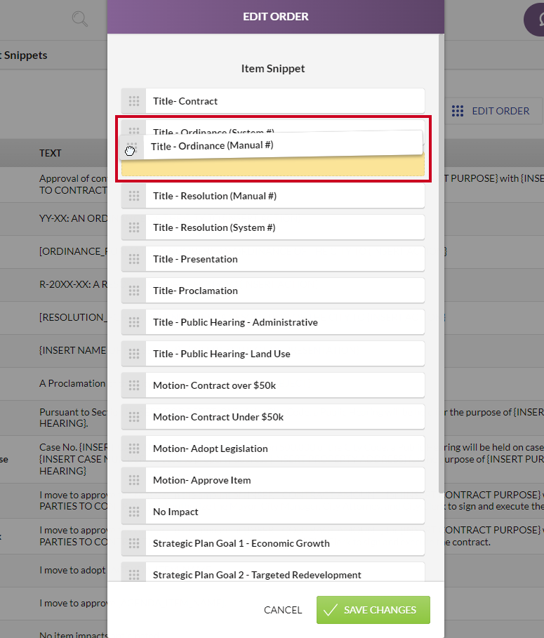 An example item snippet being dragged-and-dropped into order.