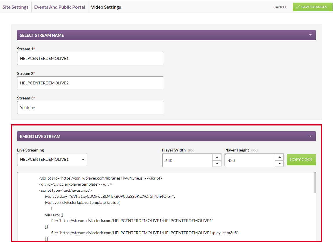 The Embed Live Stream section of the Video Settings page.
