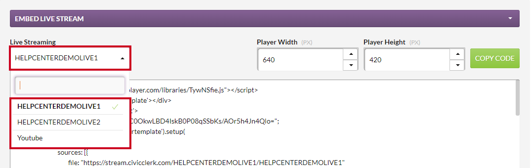 The Live Streaming dropdown with example live streaming channel options highlighted.