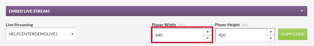 The Player Width field with the current width displayed in pixels and up and down arrow buttons that can be clicked to change the number.