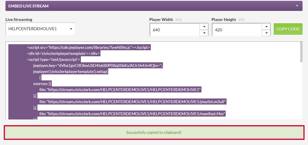 A green, rectangular Successfully copied to clipboard! message that appears after the Copy Code button has been clicked.