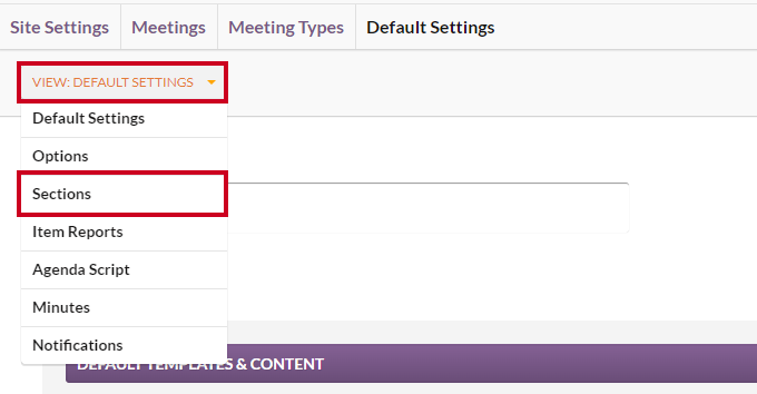 The View dropdown menu on the Default Settings page with the Sections option highlighted.