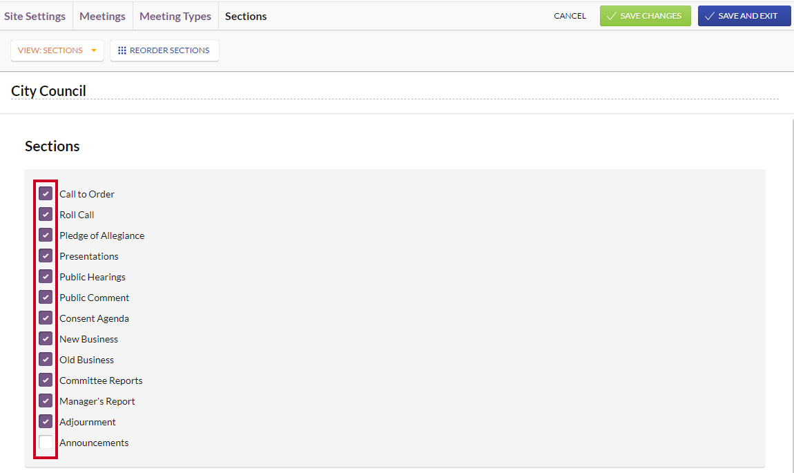 A vertical row of Sections checkboxes that can be checked or unchecked as desired.