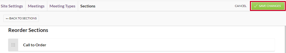 The green, rectangular Save Changes button in the top right-hand corner of the Reorder Sections screen.