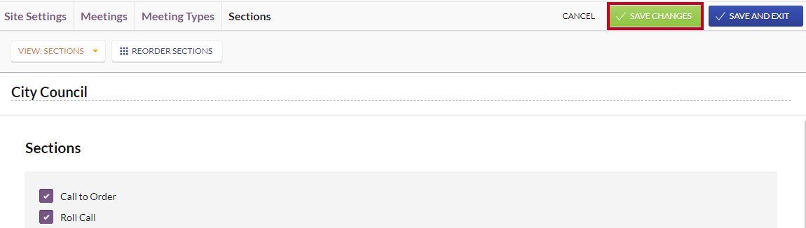 A green, rectangular Save Changes button in the top right-hand corner of the Sections screen.