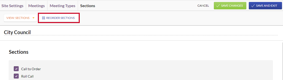 A white, rectangular Reorder Sections button to the right of the View dropdown menu.