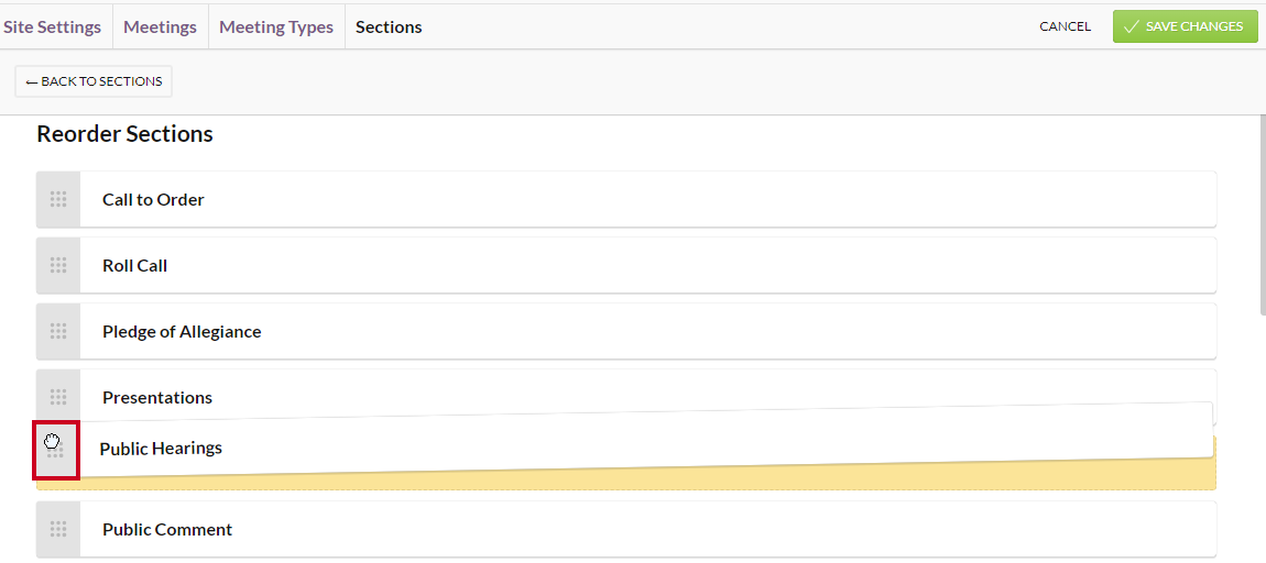 An example default section being dragged and dropped from one place to another in the Reorder Sections list.