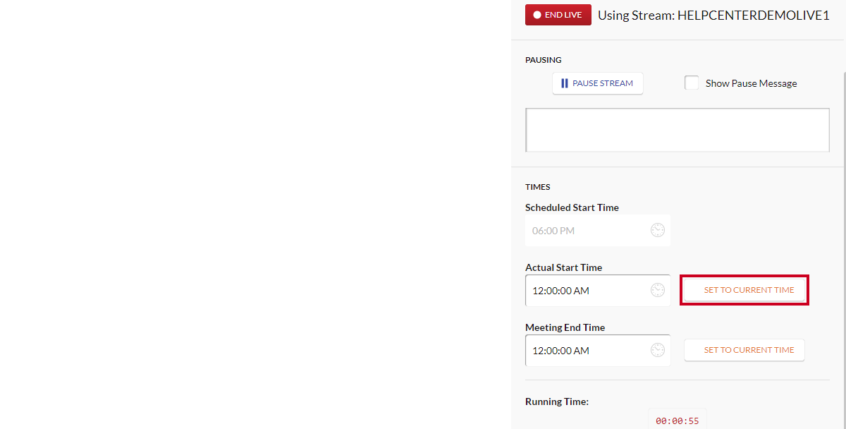 A white, rectangular Set to Current Time button to the right of the Actual Start Time field.