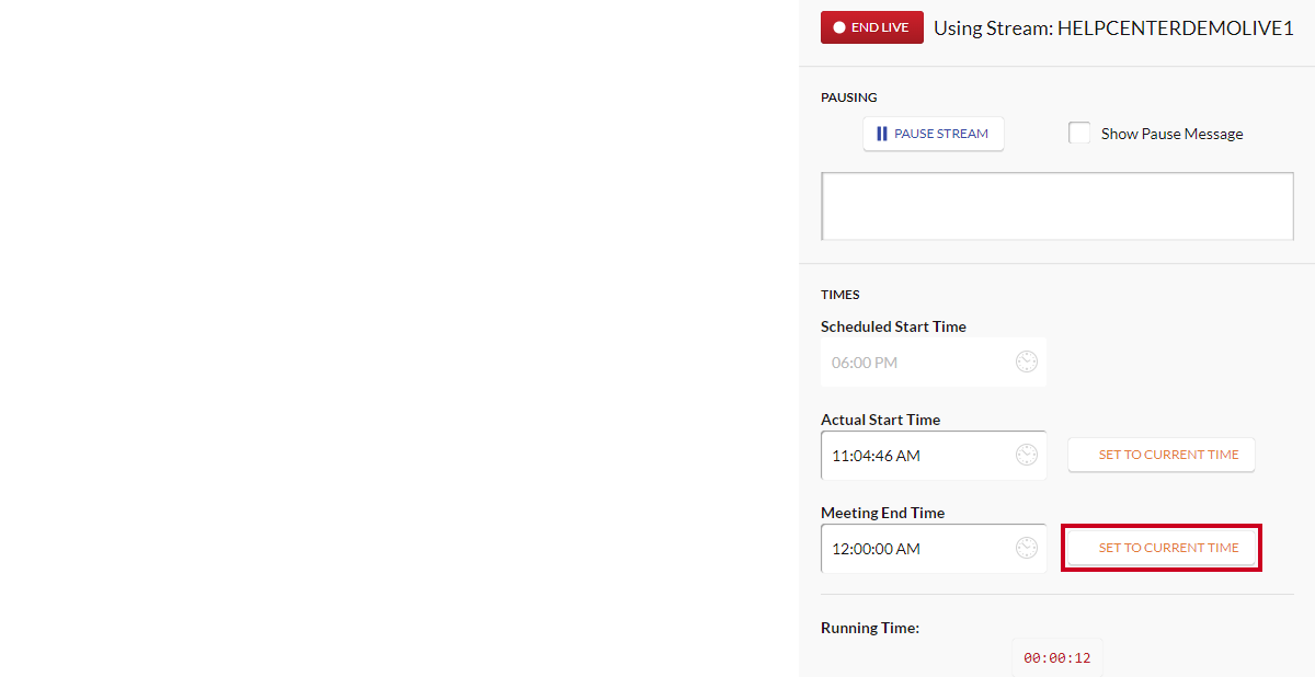 A white, rectangular Set to Current Time button to the right of the Meeting End Time field.
