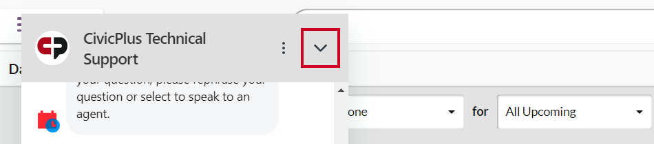 A black down arrow to the right of the CivicPlus Technical Support title at the top of the Support widget.
