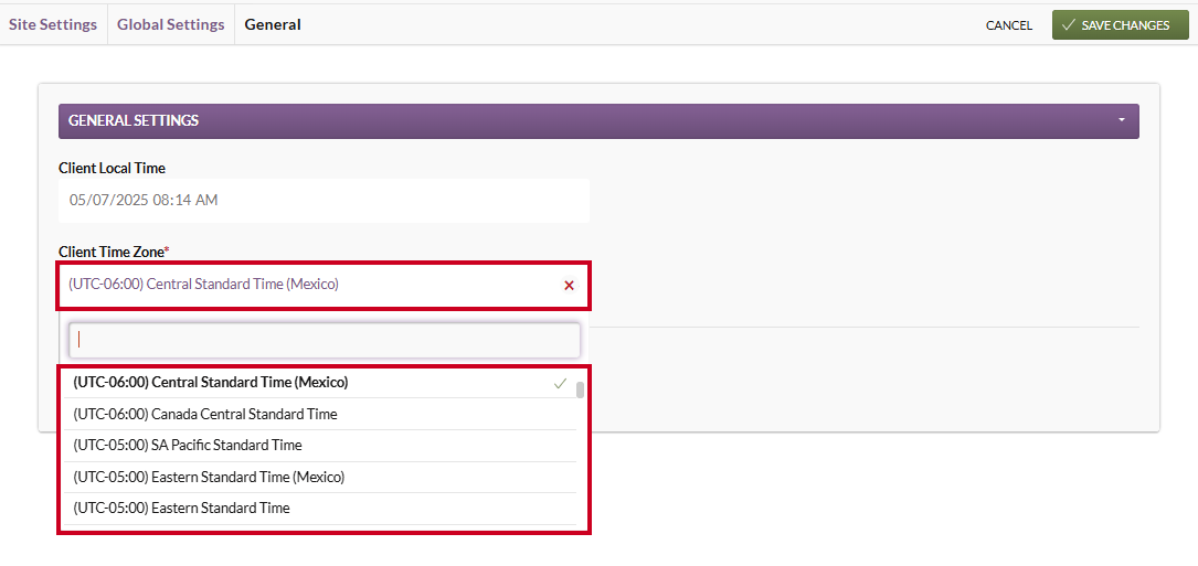 The Client Time Zone dropdown menu with a list of available time zones.