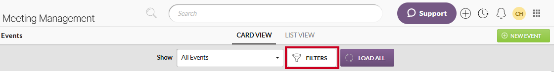 The white, rectangular Filters button below the Card View and List View tabs.