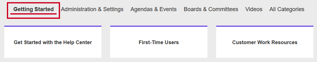The gray, underlined Getting Started tab on the Help Center home page.