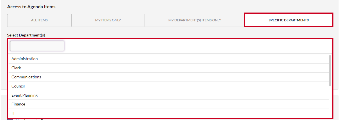 The Select Departments dropdown list.