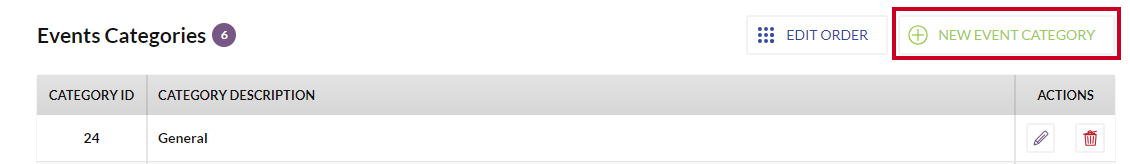 The white, rectangular New Event Category button, which appears to the right of the Events Categories heading and the Edit Order button.
