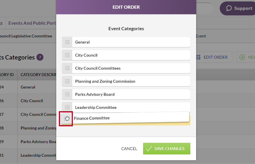 An example event category being dragged and dropped from one place in the Event Categories list to another.