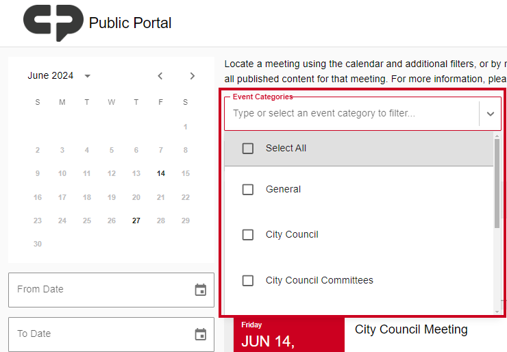 The Event Categories dropdown in an example Public Portal.