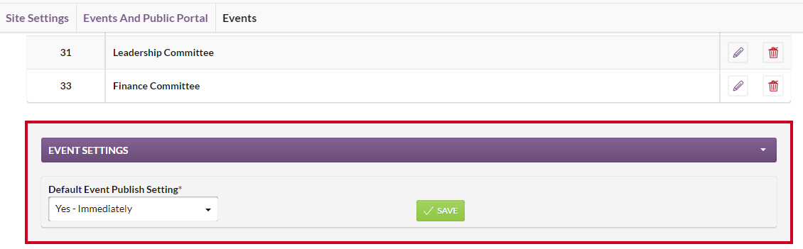 The Event Settings section on the Events page.