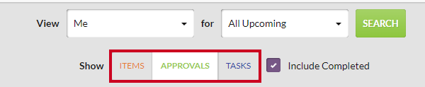 An example of selected and deselected Items, Approvals, and Tasks buttons.
