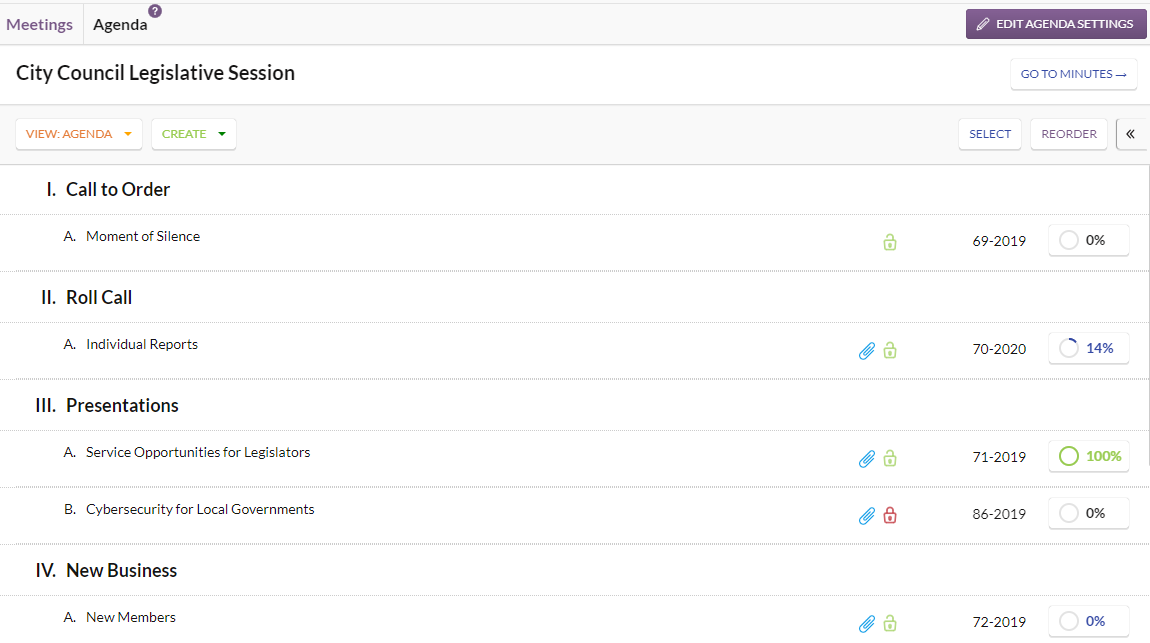 An example Agenda page.