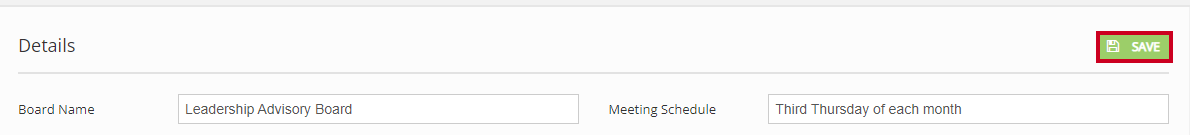 The green, rectangular Save button in the upper-right corner of the Details section.