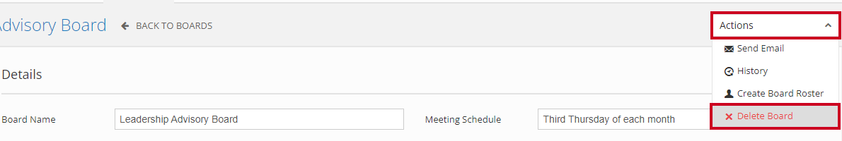 The Actions menu above the upper-right corner of the Details section with the Delete Board option highlighted.