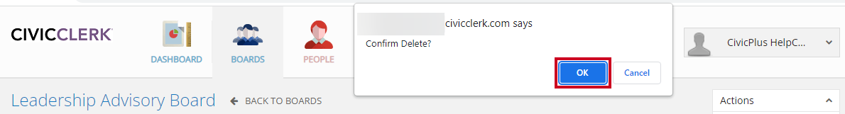 The blue, rectangular OK button on the Confirm Delete popup.