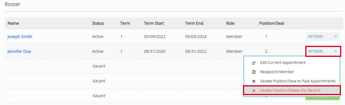 The Actions menu with the Vacate Position/Delete this Record option highlighted.