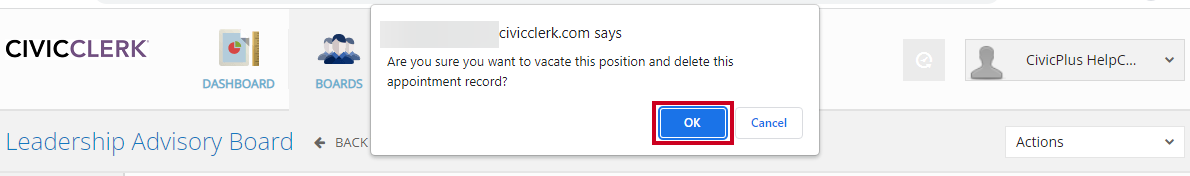 The blue, rectangular Ok button on the vacate position and delete appointment popup box.